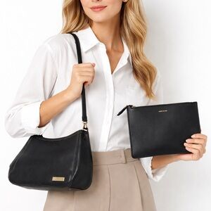 Liz Claiborne Black Leather Shoulder Handbag Anne Klein Black Clutch Pouch Set